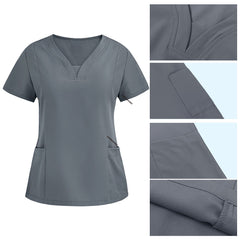 Detail of Gray scrub top V-neckline and reinforced lower patch pockets