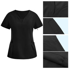 Detail of Black scrub top V-neckline and reinforced lower patch pockets