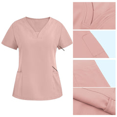Detail of Pink scrub top V-neckline and reinforced lower patch pockets