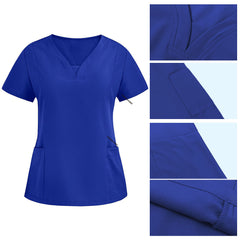 Detail of Royal Blue scrub top V-neckline, reinforced edging, and lower patch pockets