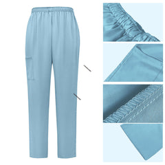 Detail of Ceil Blue straight leg scrub pants with elastic waistband and cargo pocket