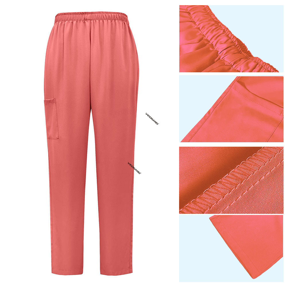 Detail of Orange Red straight leg scrub pants with elastic waistband and cargo pocket