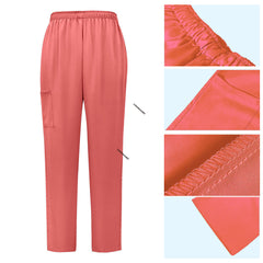 Detail of Orange Red straight leg scrub pants with elastic waistband and cargo pocket