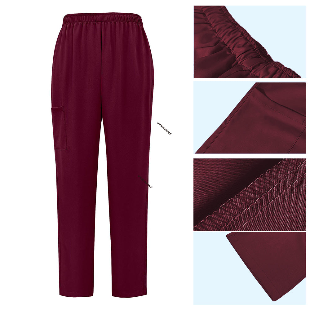Detail of Burgundy straight leg scrub pants with elastic waistband and cargo pocket