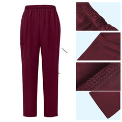 Detail of Burgundy straight leg scrub pants with elastic waistband and cargo pocket