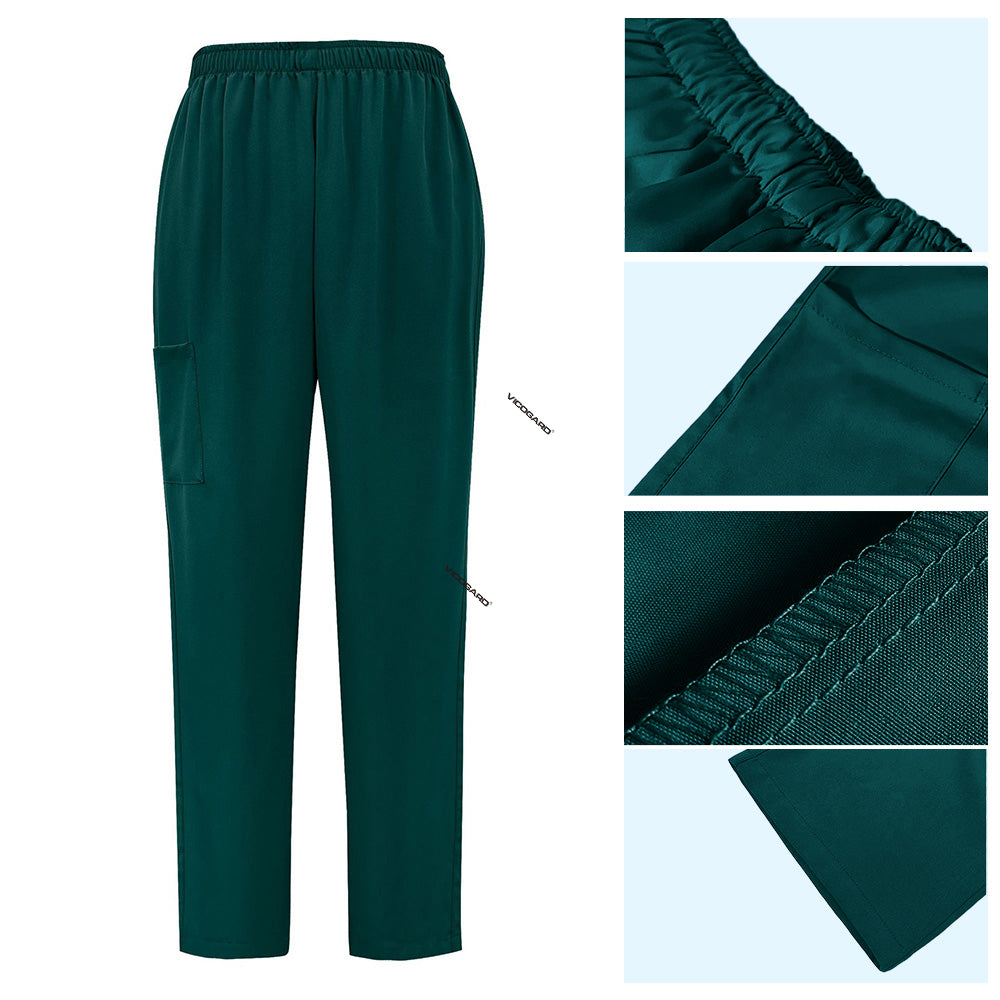 Detail of Hunter Green straight leg scrub pants with elastic waistband and cargo pocket