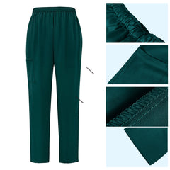Detail of Hunter Green straight leg scrub pants with elastic waistband and cargo pocket