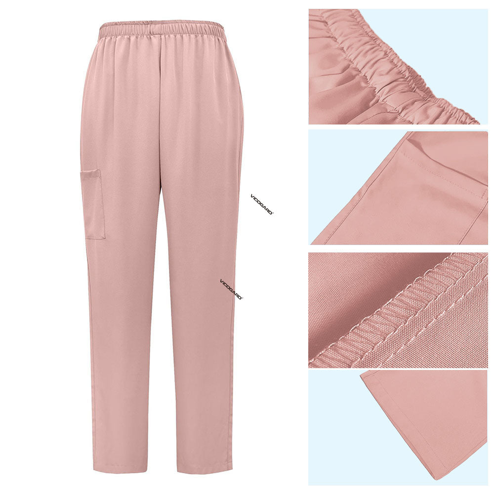 Detail of Pink straight leg scrub pants with elastic waistband and cargo pocket
