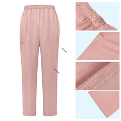 Detail of Pink straight leg scrub pants with elastic waistband and cargo pocket