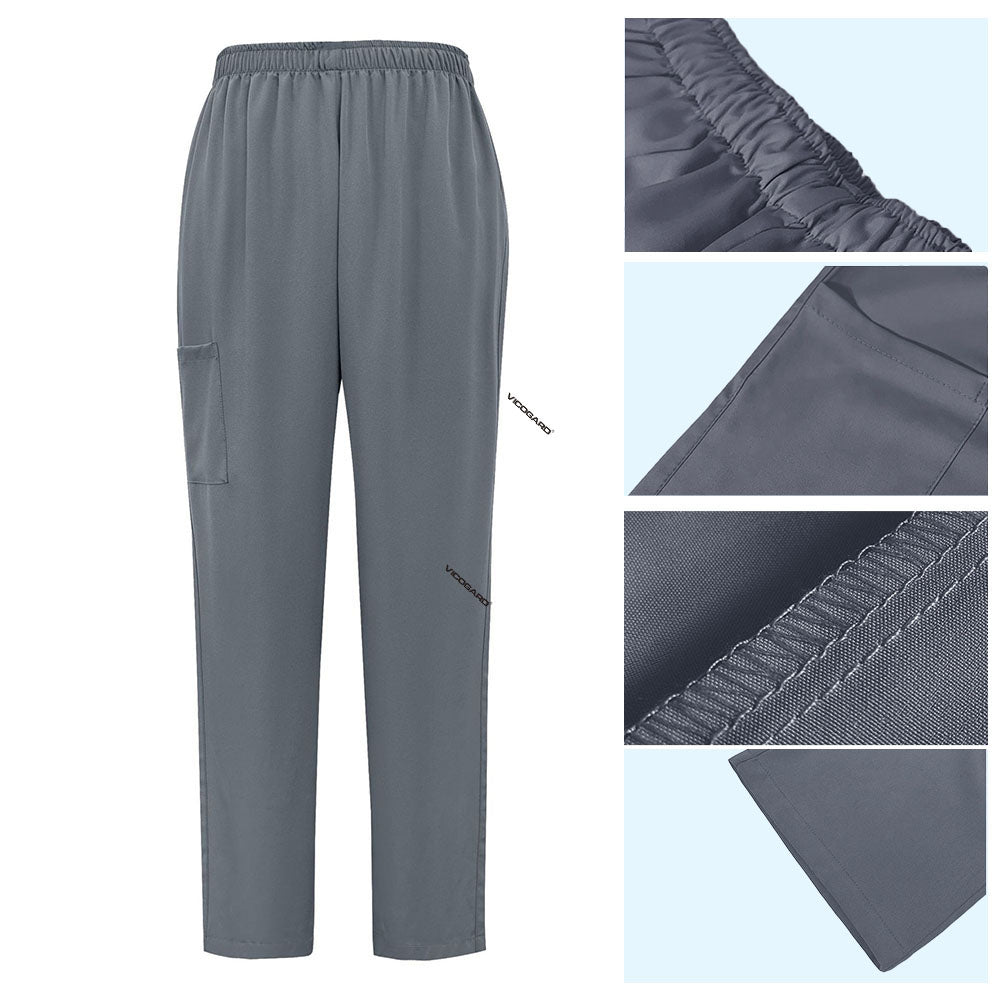 Detail of Gray straight leg scrub pants with elastic waistband and cargo pocket