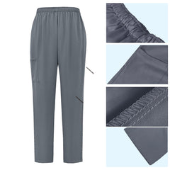 Detail of Gray straight leg scrub pants with elastic waistband and cargo pocket
