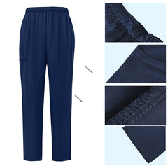 Detail of Navy Blue straight leg scrub pants with elastic waistband and cargo pocket