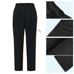 Detail of Black straight leg scrub pants with elastic waistband and cargo pocket