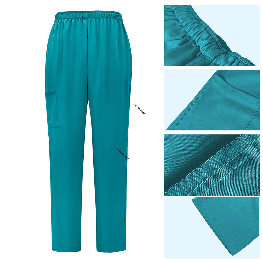 Detail of Teal straight leg scrub pants with elastic waistband and cargo pocket