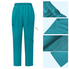 Detail of Teal straight leg scrub pants with elastic waistband and cargo pocket