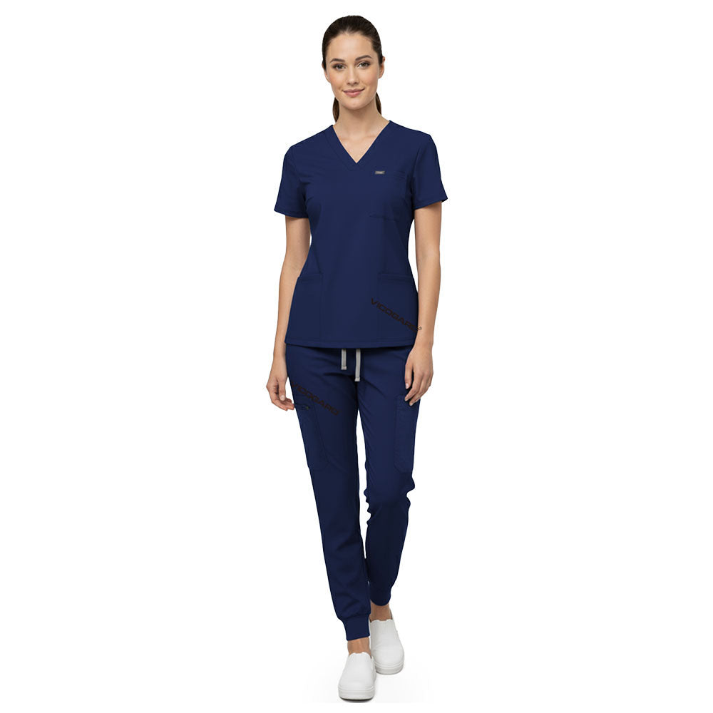 Vicogard Navy Blue premium rayon scrub set front view, softest 8-pocket jogger uniform for ER nurses