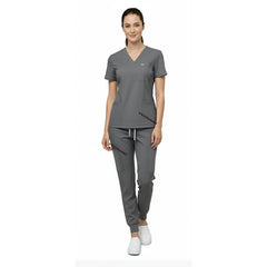 Vicogard Gray premium rayon scrub set front view, modern V-neck uniform for dental staff