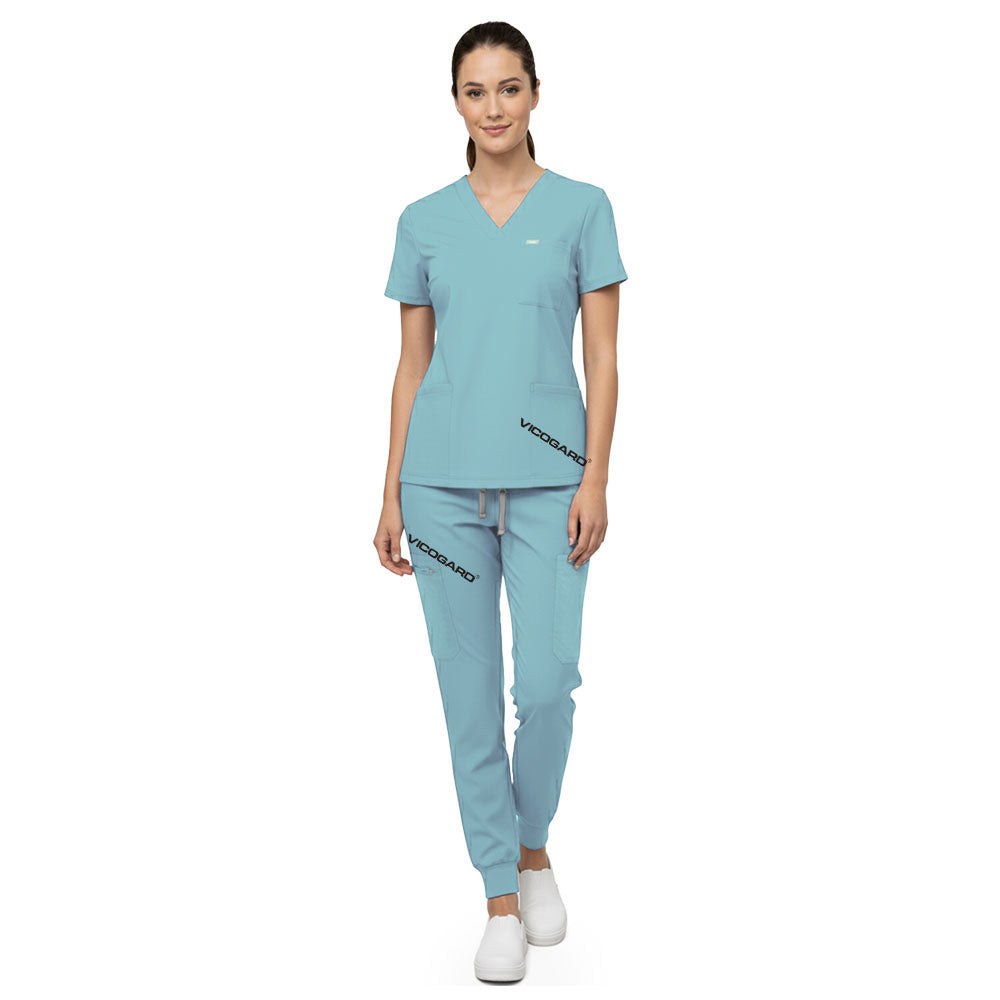 Vicogard Ceil Blue premium rayon scrub set front view, soft V-neck uniform for nursing students