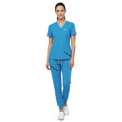 Vicogard Royal Blue premium rayon scrub set front view, soft V-neck uniform for Registered Nurses
