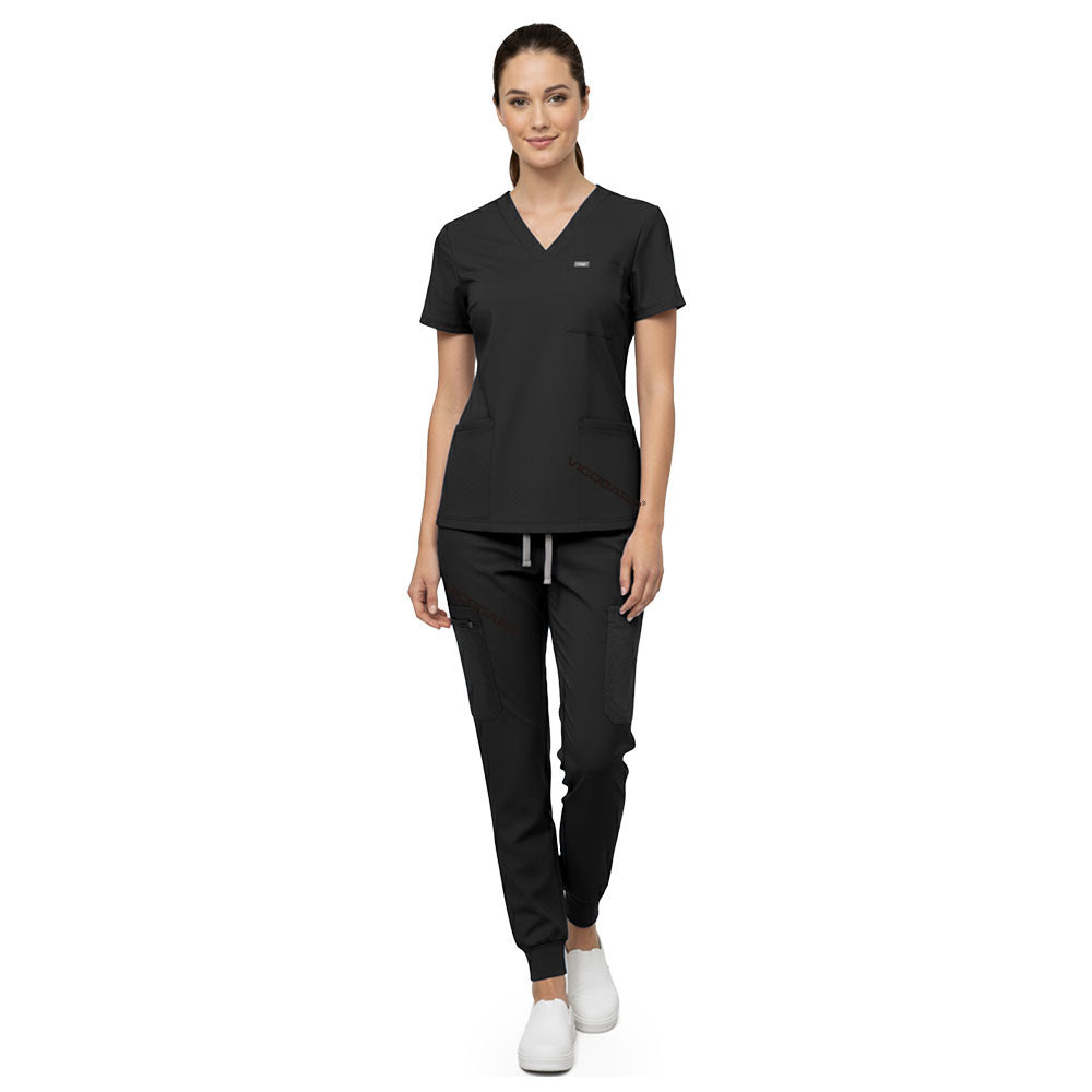 Vicogard Black premium rayon scrubs, sleek lint-resistant uniform for estheticians and med spas