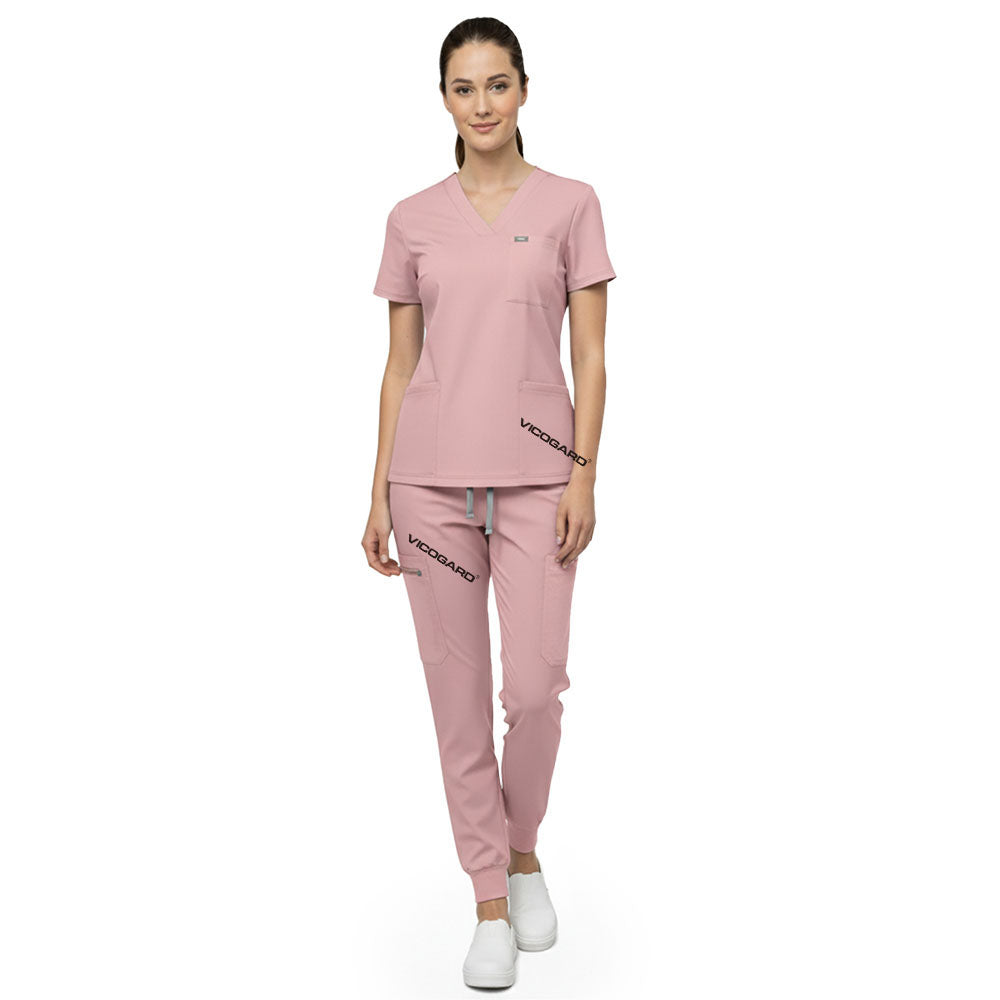 Vicogard Pink premium rayon scrub set front view, soft V-neck uniform for pediatric nurses