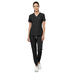 Vicogard Black premium rayon scrub set front view, sleek V-neck uniform for estheticians and med spas