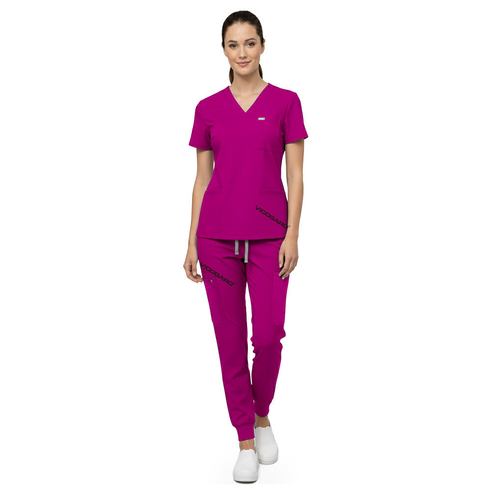 Vicogard Rose Pink premium rayon scrub set front view, vibrant V-neck uniform for pediatric nurses