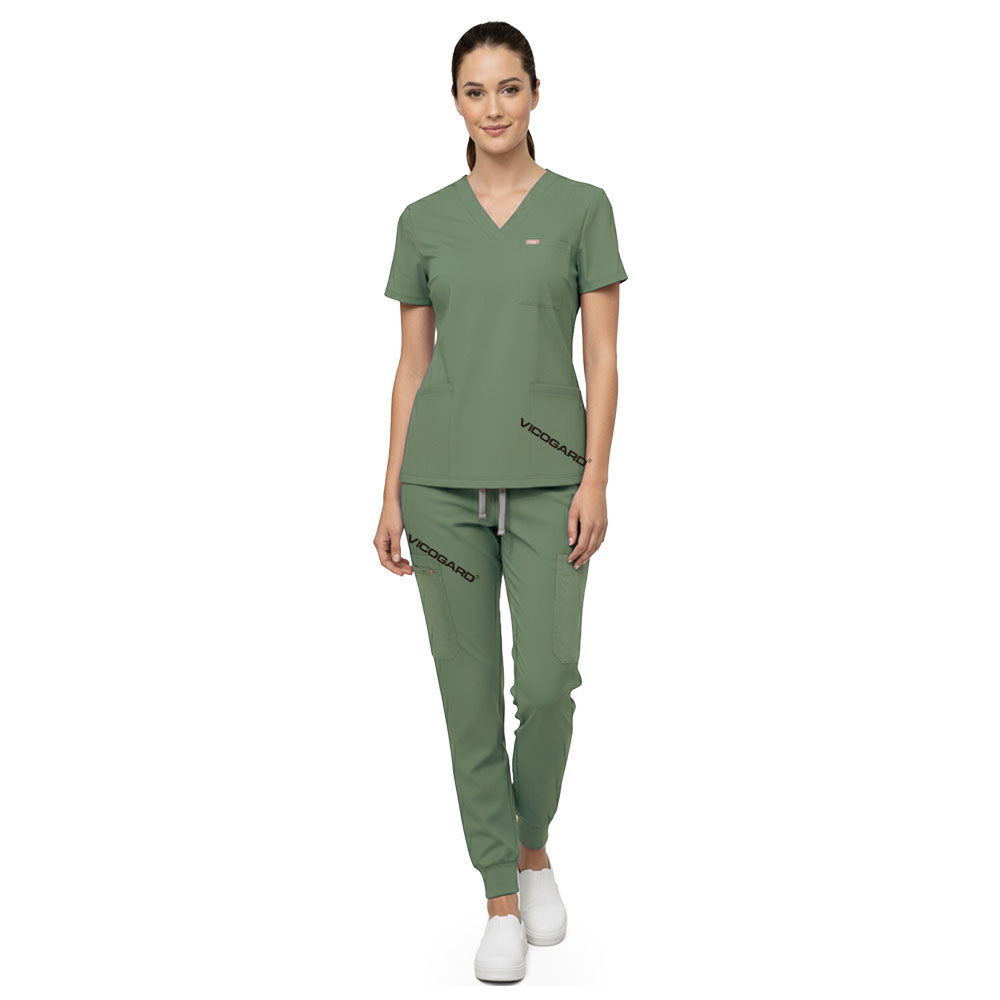 Vicogard Fruit Green premium rayon scrub set front view, vibrant V-neck uniform for vets and pediatrics