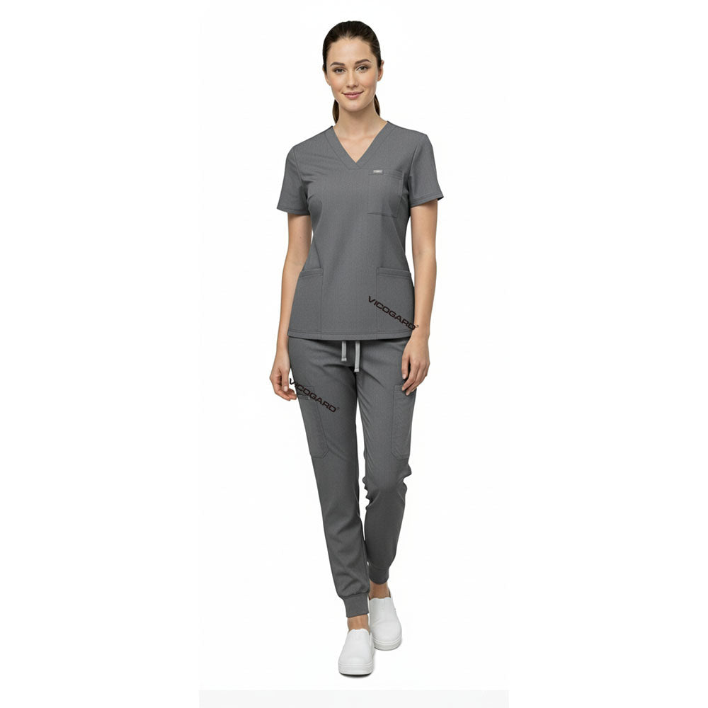 Vicogard Gray modern scrub set, pewter rayon uniform for dental clinics and reception