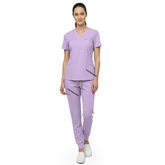 Vicogard Lavender premium rayon scrub set front view, soft V-neck uniform for nursing homes