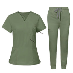 Flat lay of Fruit Green utility scrub set featuring 3-pocket top and 8-pocket jogger pants