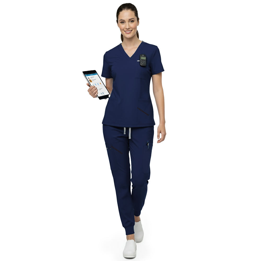 Front view of Navy Blue multi-pocket scrubs showing utility and storage for daily medical essentials
