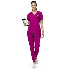 Front view of Rose Pink multi-pocket scrubs showing utility and storage for busy shifts