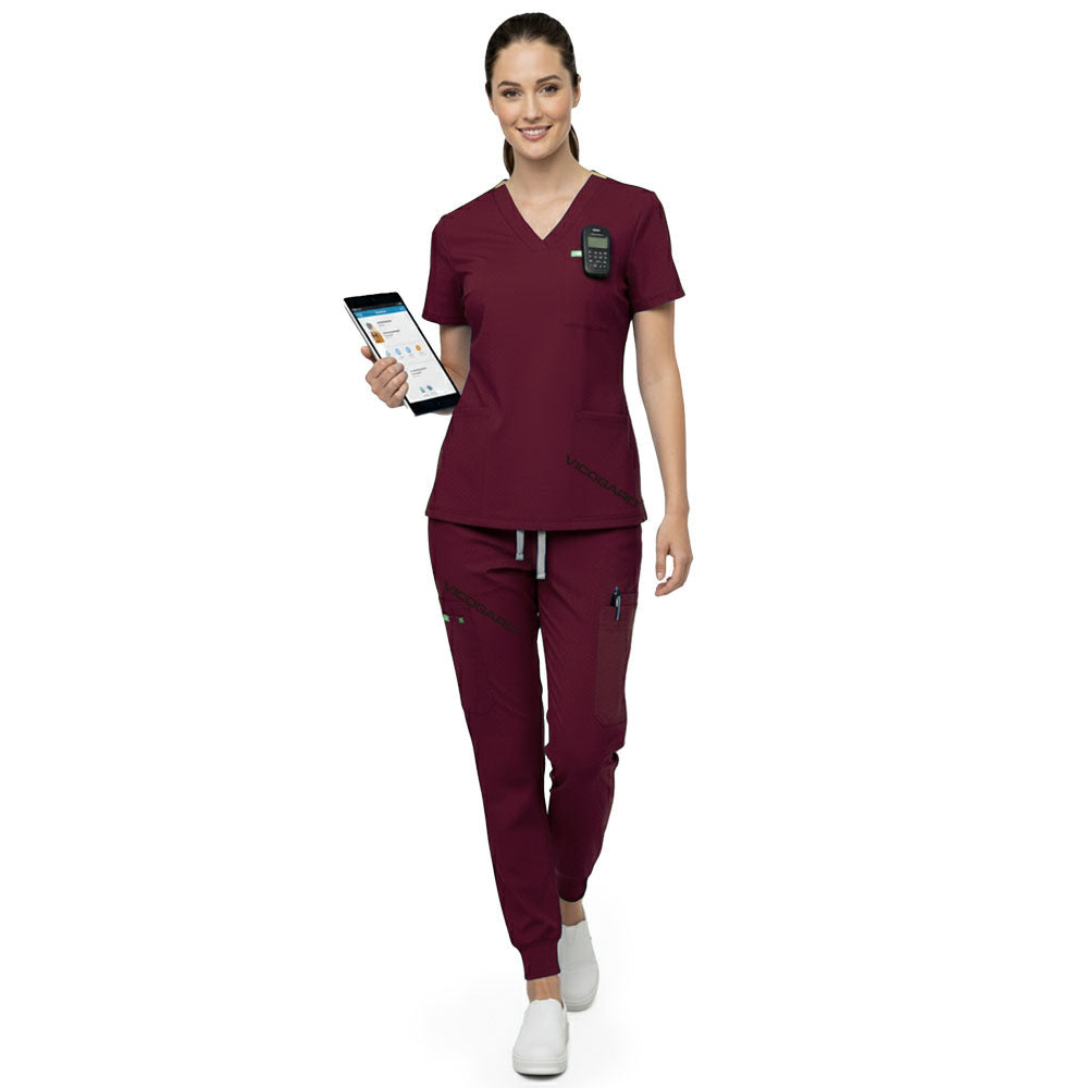 Front view of Burgundy multi-pocket scrubs showing utility and storage for clinical tools