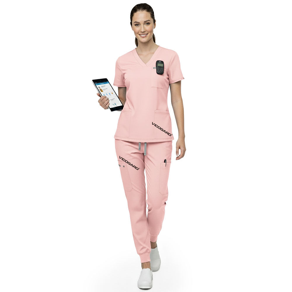 Front view of Pink multi-pocket scrubs showing utility and storage for daily medical essentials