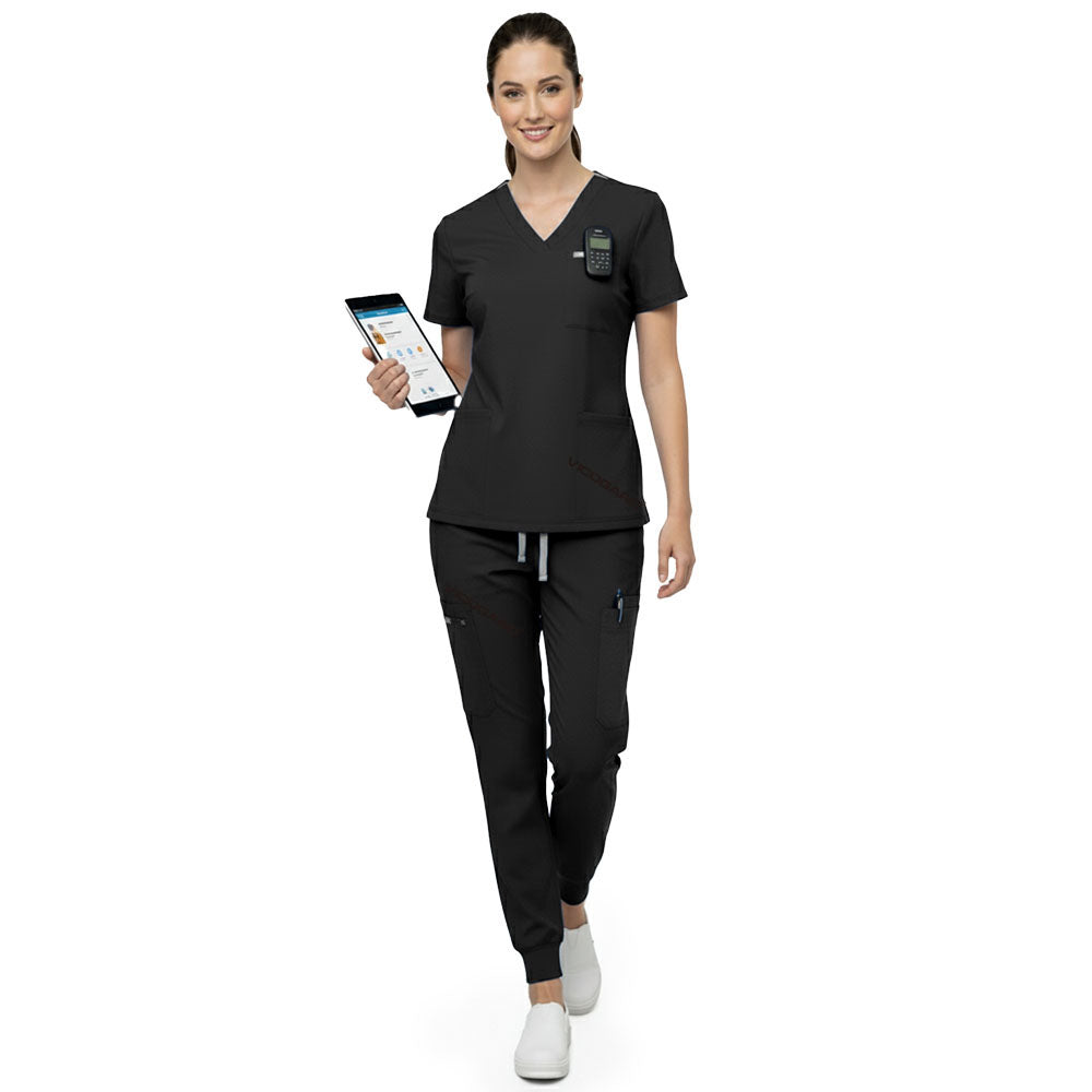 Front view of Black multi-pocket scrubs showing utility and storage for beauty tools