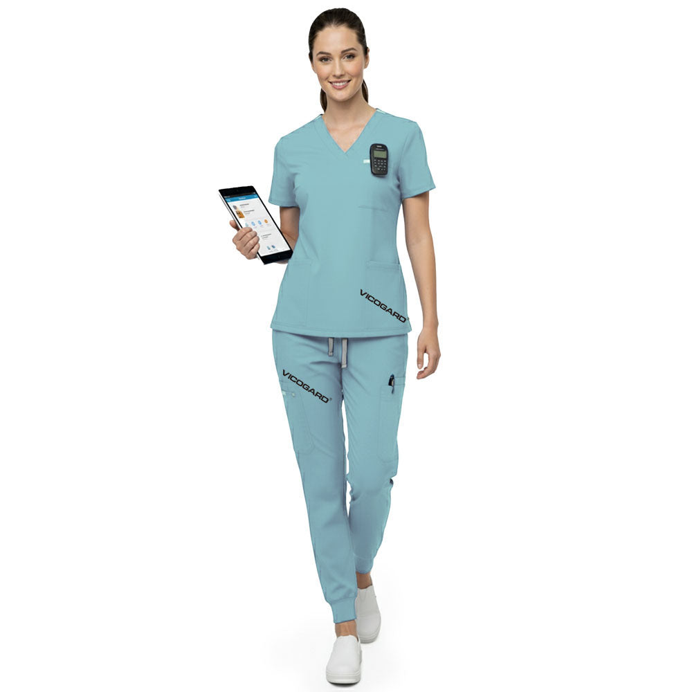 Front view of Ceil Blue multi-pocket scrubs showing utility and storage for clinical rotations