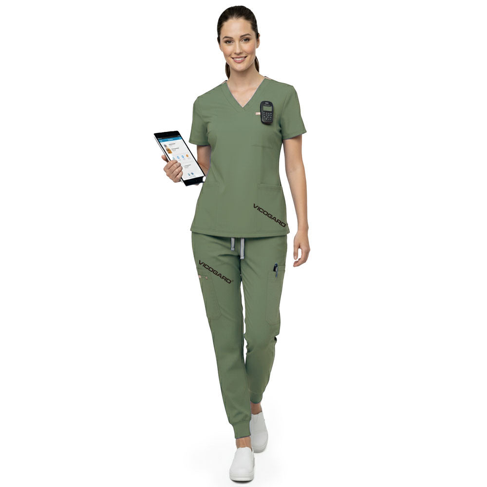 Front view of Fruit Green multi-pocket scrubs showing utility and storage for daily medical essentials