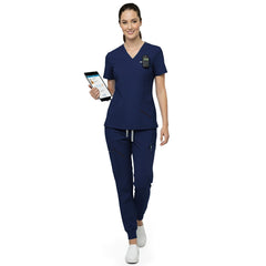 Front view of Navy Blue multi-pocket scrubs showing utility and storage for daily medical essentials