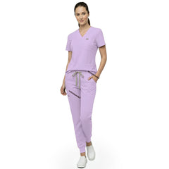 Close up of Lavender scrub pants waist showing elastic drawstring for comfortable custom fit