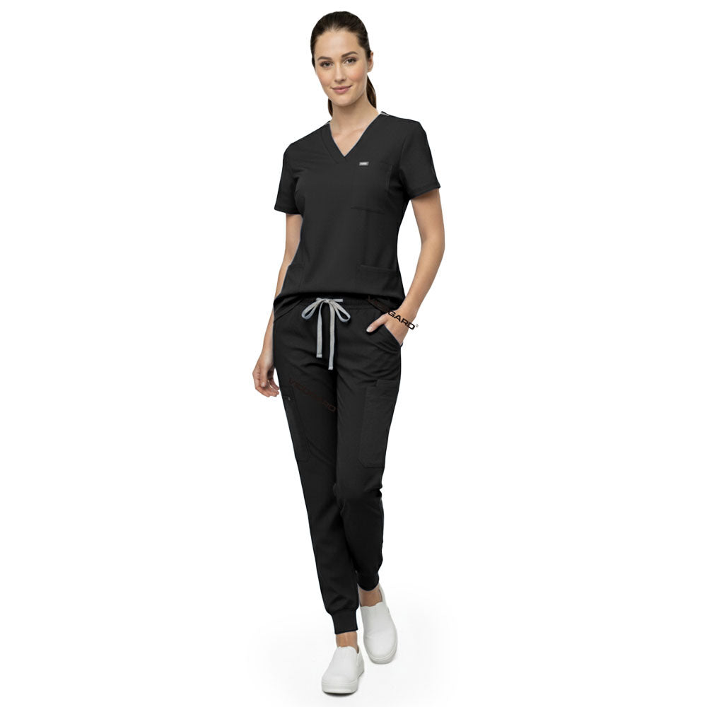 Close up of Black scrub pants waist showing elastic drawstring for comfortable custom fit