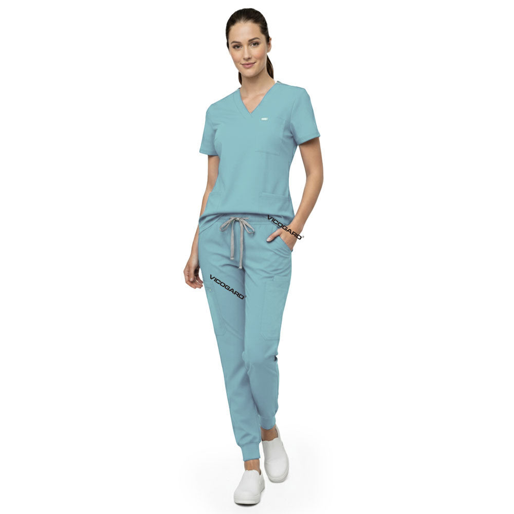 Close up of Ceil Blue scrub pants waist showing elastic drawstring for comfortable custom fit