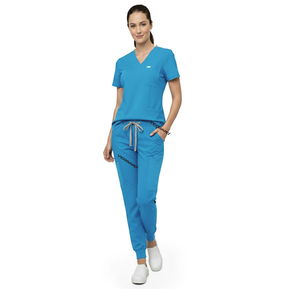 Close up of Royal Blue scrub pants waist showing elastic drawstring for comfortable custom fit