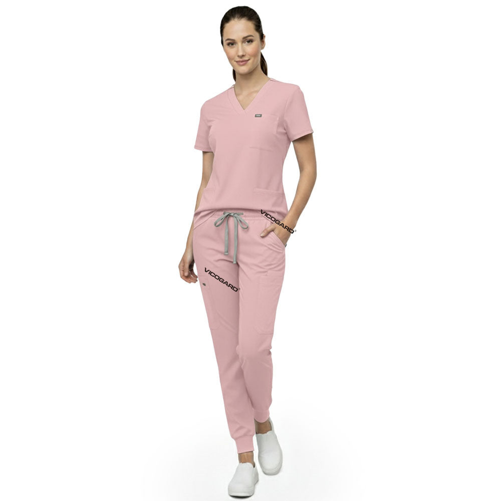 Close up of Pink scrub pants waist showing elastic drawstring for comfortable custom fit