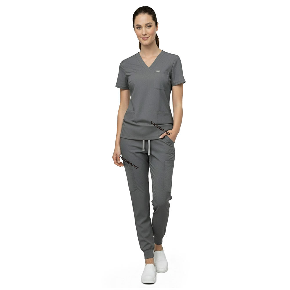 Close up of Gray scrub pants waist showing elastic drawstring for comfortable custom fit
