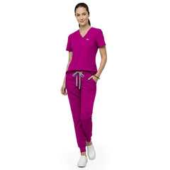 Close up of Rose Pink scrub pants waist showing elastic drawstring for comfortable custom fit