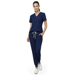 Close up of Navy Blue scrub pants waist showing elastic drawstring for comfortable custom fit