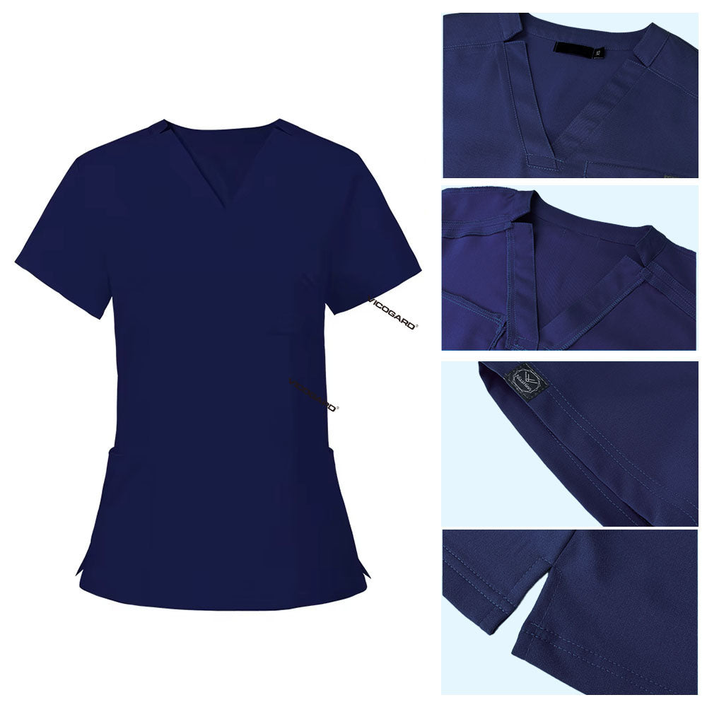 Detail of Navy Blue scrub top soft V-neckline and functional chest pocket stitching