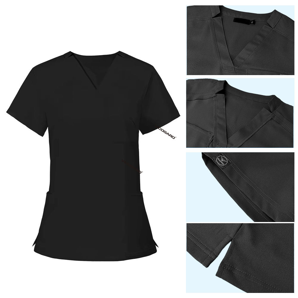 Detail of Black scrub top soft V-neckline and functional chest pocket stitching