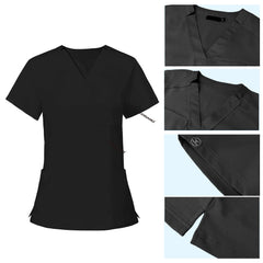 Detail of Black scrub top soft V-neckline and functional chest pocket stitching
